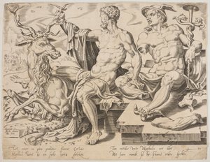 Naftali met een hert en een gebroken standbeeld van Mercurius, uit de serie De Twaalf Patriarchen, gravure door Dirk Volkertsz Coornhert