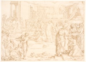 Petrus en de andere apostelen dopen de gemeente in Jeruzalem door Maarten van Heemskerck