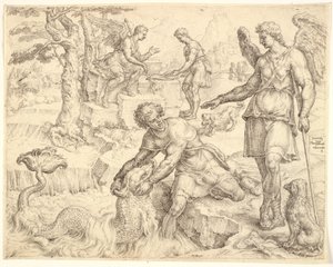 Tobias vangt de vis in de rivier Tigris door Maarten van Heemskerck