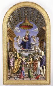 Madonna en Kind in glorie, muzikale engelen en heiligen Johannes de Doper, Jacobus, Ugo en Hiëronymus, 1498 door Macrino dAlba