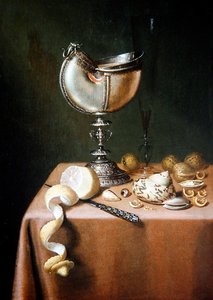 Een Stilleven met een Nautilusbeker, een Gepelde Citroen en Walnoten door Maerten Boelema de Stomme