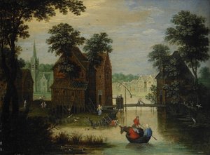 Rivierlandschap met de vlucht naar Egypte