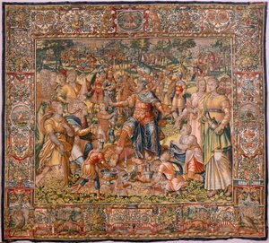 Diocesaan museum. Vlaamse wandtapijt. Brussel. Atelier François Geubels. Serie Verhaal van Gideon. De Israëlieten geven hun deel van de buit aan Gideon. Zijde en wol. Legaat van Bisschop.