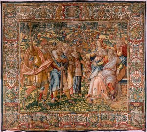 Diocesaan museum (Museo Diocesano). Vlaams wandtapijt. Brussel. Atelier François Geubels. Serie Verhaal van Gideon. Joash wordt geïnformeerd dat Gideon het altaar van Baäl heeft vernietigd. Zijde en wol.