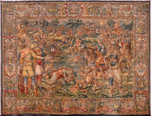 Diocesaan museum (Museo Diocesano). Vlaamse wandtapijt. Brussel. Atelier François Geubels. Serie Verhaal van Gideon. De krijgers worden gekozen. Zijde en wol. Nalatenschap van bisschop Vicente Roca de la Serna. Barok. 1534-1571