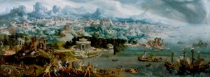 Panorama met de ontvoering van Helena te midden van de wereldwonderen uit de oudheid