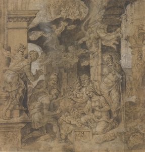 De aanbidding van de herders (verso: schetsen) door Maerten van Heemskerck