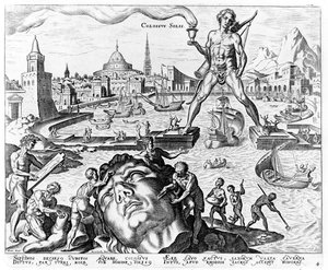 De Kolossus van Rhodos, plaat 4 uit De Acht Wonderen van de Wereld, gravure Philips Galle, 1572