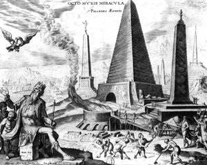 De piramides van Egypte, plaat 1 uit De Acht Wereldwonderen, gegraveerd door Philips Galle