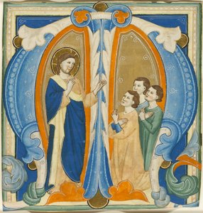 Christus zegent drie jonge mannen, initiaal M van een graduale door Maestro Daddesco