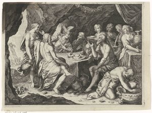 Scène uit de Metamorfosen van Ovidius: een maaltijd in een grot door Magdalena van de Passe (attributed to)