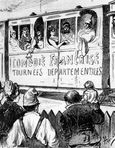 De cast van de Comédie Française op tournee in Frankrijk in een speciale trein, maakt een stop om de plattelandsbewoners een glimp van het theater te geven, 2e helft 19e eeuw