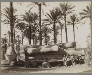Liggend beeld van Ramses II in Memphis, op de voorgrond een jongen met een ezel