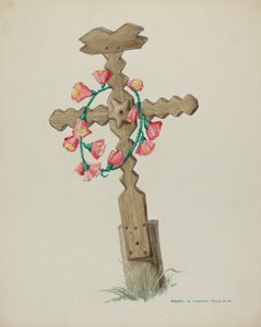 Houten kruis gebruikt als grafsteen handgemaakt, ca. 1937 door Majel G. Claflin