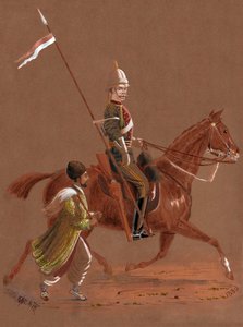 Ruiter van de 9e Lancers rijdend, met een Afghaanse soldaat die naast zijn paard rent
