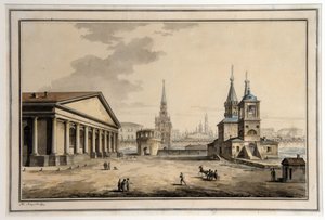 Uitzicht op de manege, de Kutafya-toren en de Sint-Nicolaaskerk in Moskou