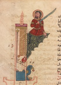 Een kaarsklok, folio uit Kitab fi ma`arifat al-hiyal al-handisaya (Het boek van kennis van ingenieuze mechanische apparaten) Automata door al-Jazari (d. 1206) door Mamluk Sultanate school