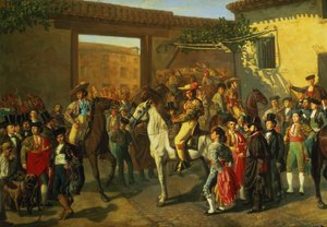 Paarden in een binnenplaats bij de stierenvechtring voor de stierengevecht, Madrid, 1853 (detail)