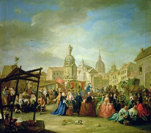 De Madridse kermis op het Plaza de la Cebeda door Manuel de la Cruz y Cano
