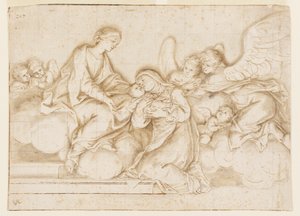 Ontwerp voor een Monochrome Muur Schildering, Kerk van Corpus Domini, Bologna, Italië, St. Caterina Vigri Ontvangt het Kind van de Maagd