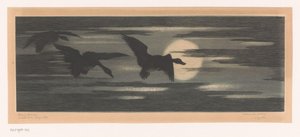 Drie eenden trekkend langs de ondergaande zon door Marc Henry Meunier (attributed to)