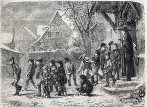 Uit school in de winter. Gravure naar een schilderij van M. B. Vautier in 