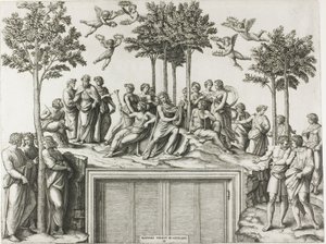 Apollo op Parnassus, Omringd door de Muzen en Dichters door Marcantonio Raimondi
