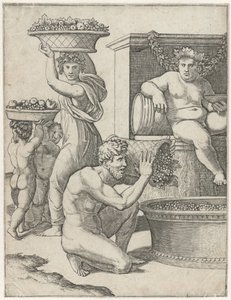 Bacchus kijkt toe hoe een man en vrouw en twee kinderen manden met druiven dragen voor de bereiding van wijn