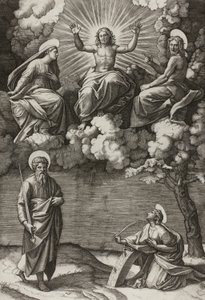 Christus, de Maagd en Sint-Jan de Doper met Heiligen Paulus en Catharina door Marcantonio Raimondi