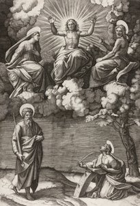Christus, de Maagd en Sint Jan de Doper met Heiligen Paulus en Catharina door Marcantonio Raimondi