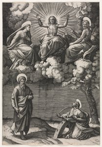 Christus, de Maagd, en St. Johannes de Doper met Heiligen Paulus en Catharina door Marcantonio Raimondi