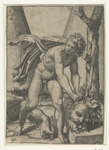 David met hoofd van Goliath door Marcantonio Raimondi