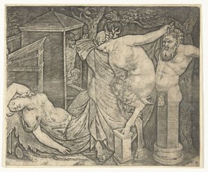 Fragment van bacchanaal met satervrouw en herme en slapende bacchante door Marcantonio Raimondi