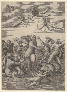 Galatea in een waterwagen getrokken door twee dolfijnen door Marcantonio Raimondi