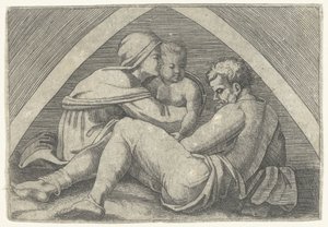 Heilige Familie onder een boog door Marcantonio Raimondi