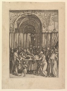 Hogepriester weigert offerlam van Joachim, naar Dürer, ca. 1500-1534 door Marcantonio Raimondi