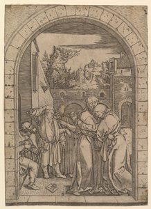 Joachim omhelst Sint-Anna onder de gouden poort in Jeruzalem, naar Dürer, ca. 1500-1534 door Marcantonio Raimondi