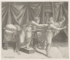 Jozef en de vrouw van Potifar door Marcantonio Raimondi