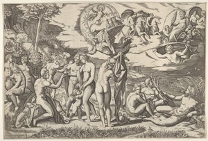 Oordeel van Paris: Paris strekt zijn hand uit naar Venus, die tussen Juno en door Marcantonio Raimondi