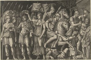Keizer Trajanus gekroond door Victoria staat naast vrouwelijke personificatie van Rome en Romeinen in gevecht met Daciërs door Marcantonio Raimondi