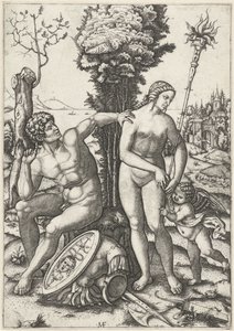 Mars en Venus als liefdespaar met Amor door Marcantonio Raimondi