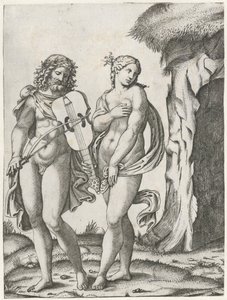 Orpheus speelt op viola voordat Eurydice naar onderwereld gaat door Marcantonio Raimondi