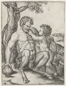 Pan met drinkbeker en Bacchus als kind met druiventros