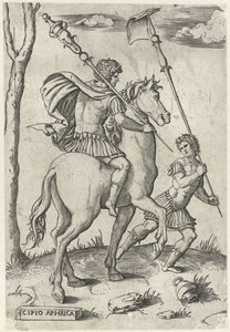 Romeinse generaals Scipio Africanus Maior te paard en Scipio Africanus Minor Romeinse helden te paard (series title) door Marcantonio Raimondi