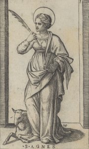 Sint Agnes met een palm in haar rechterhand, een schaap linksonder, ca. 1500-1527