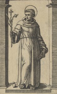 Sint-Antonius van Padua staand, lelies in zijn opgeheven rechterhand, een boek in zijn hand, ca. 1500-1527 door Marcantonio Raimondi