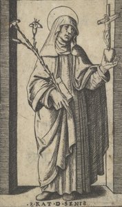 Sint Catharina van Siena staande met bloemen en boek in haar rechterhand