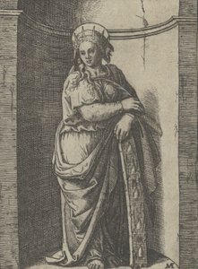Sint-Catharina staand in een nis, leunend op een wiel, haar martelwerktuig door Marcantonio Raimondi