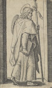 Sint Jacobus Major, boek in zijn rechterhand, staf in zijn linkerhand, naar rechts kijkend door Marcantonio Raimondi