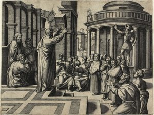 Sint Paulus predikend in Athene door Marcantonio Raimondi